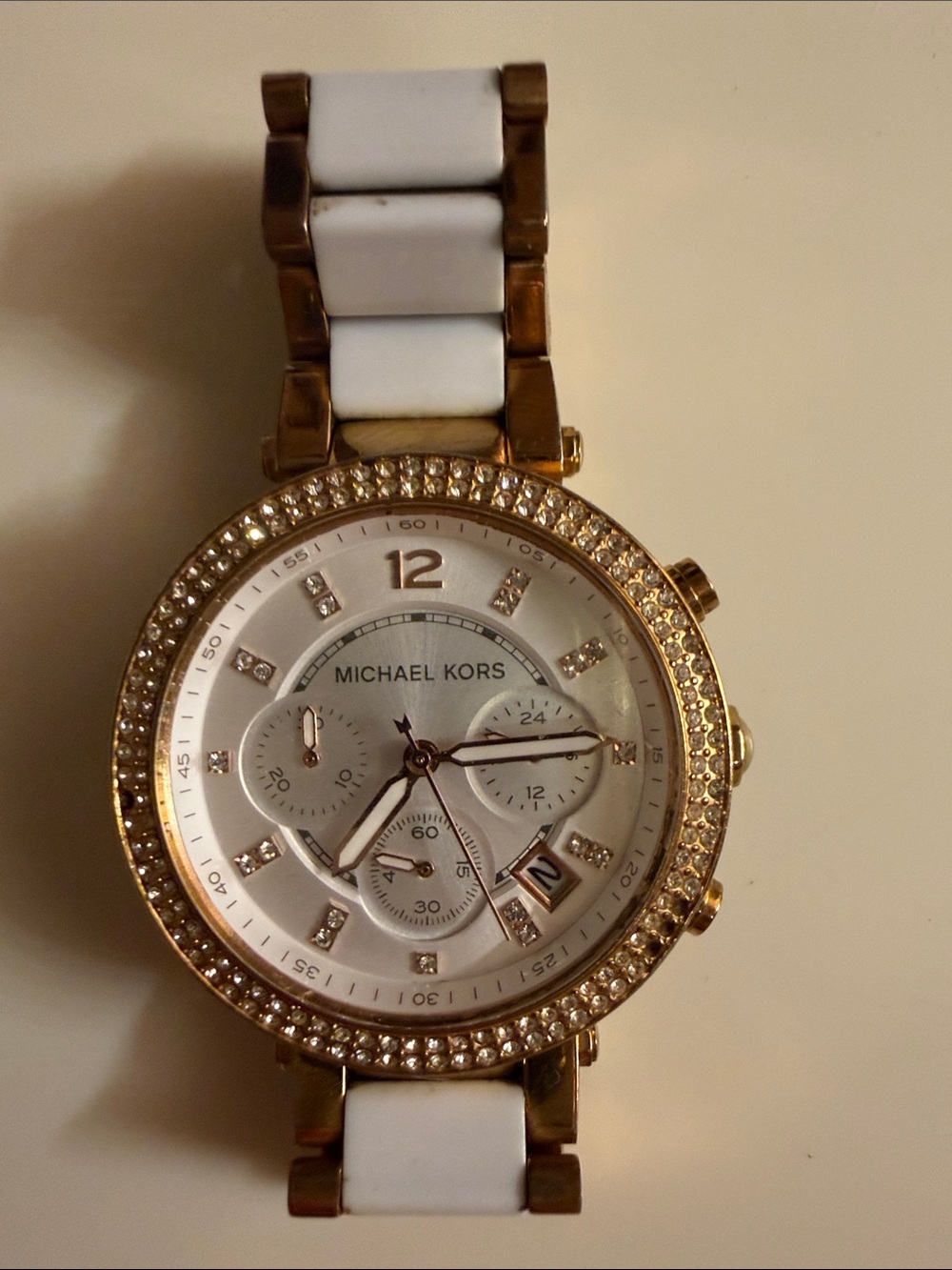 Michael Kors Gold and White Crystal-Accent Chronograph Watch